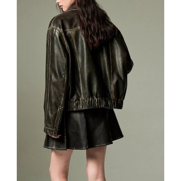 Y2k Leather Jacket  Pink Bowtie Graphic and Jacket Womens Vintage Crop - Picture 3 of 6